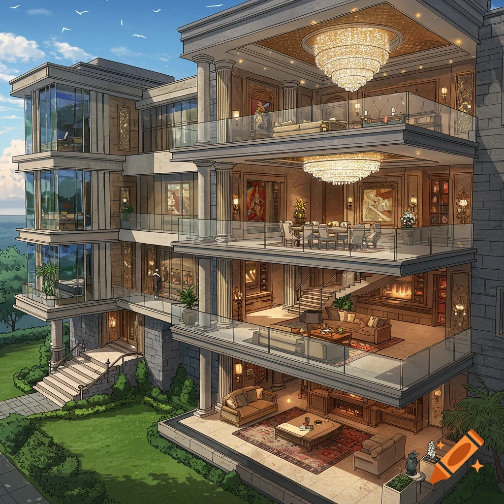 A cross-section view of a multi-story luxury house with detailed interior rooms.