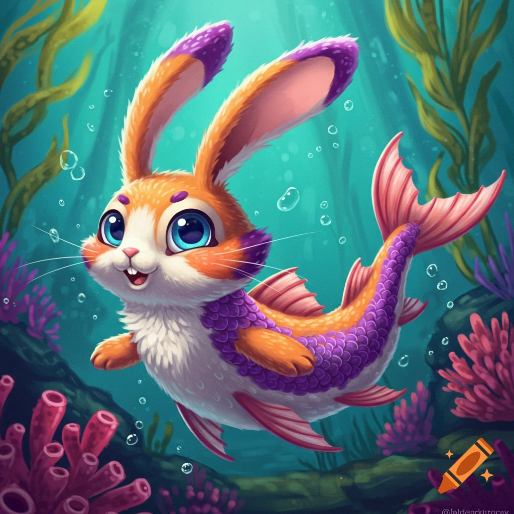 A cute cartoon bunny-fish hybrid swims in a vibrant underwater scene.