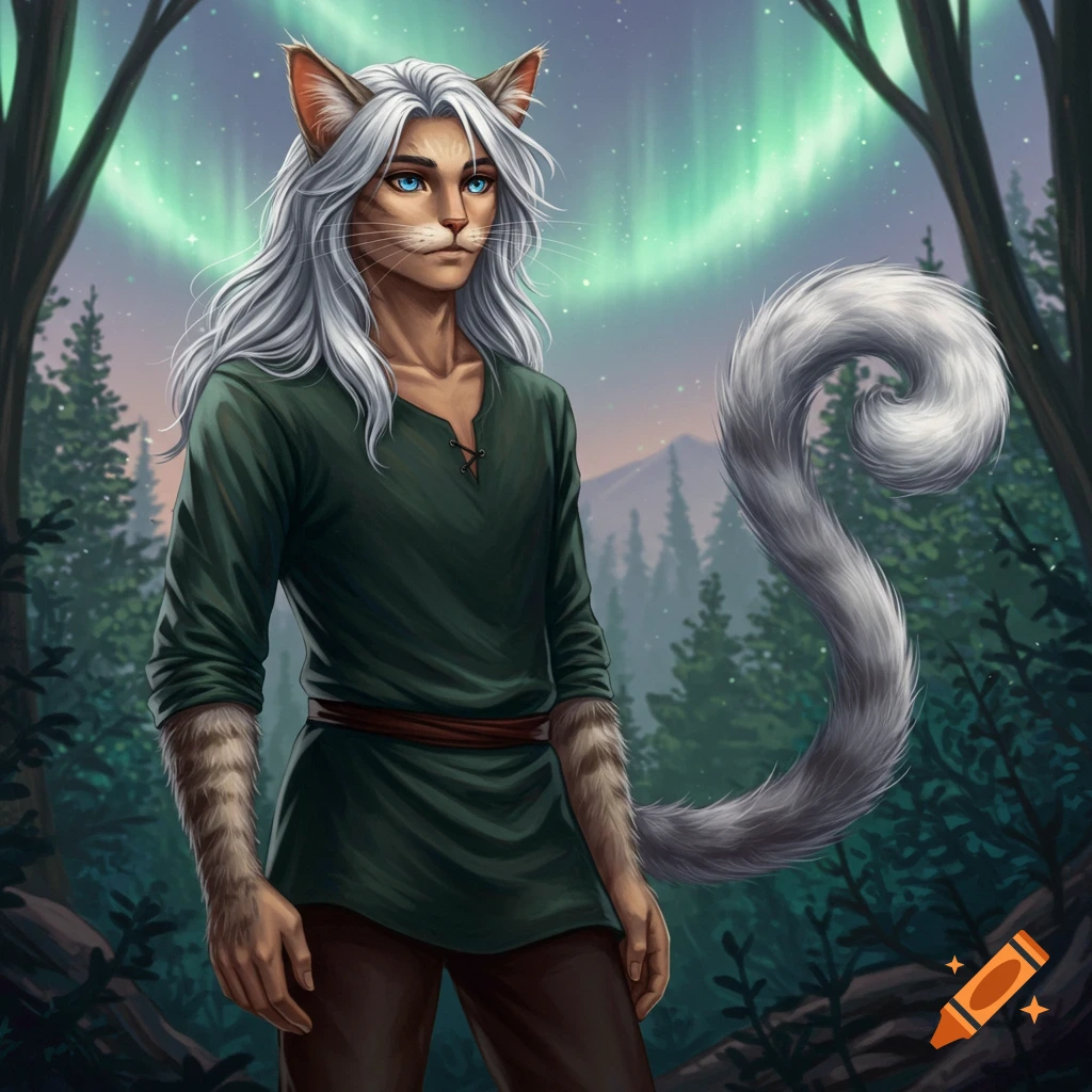 Male cat-humanoid with white hair, blue eyes, and green tunic standing in a forest under an aurora.