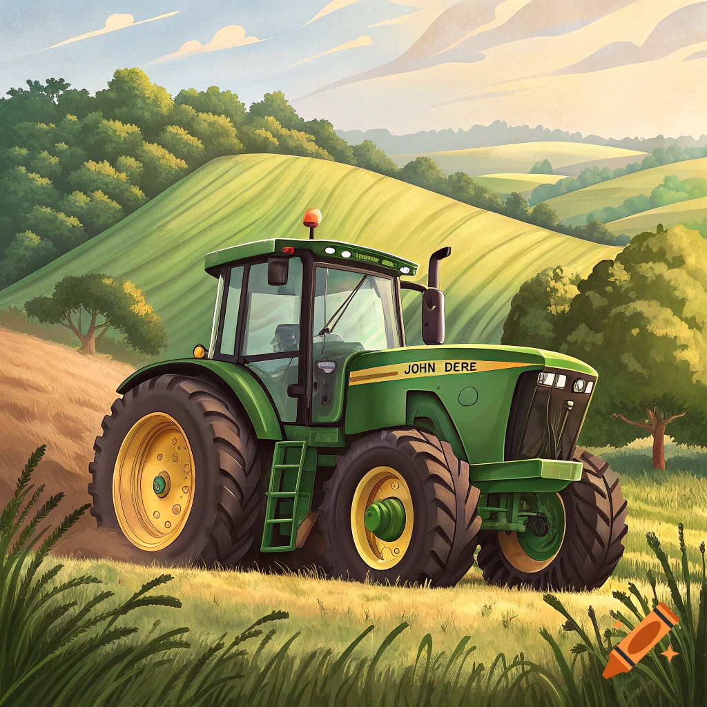 A green John Deere tractor drives through a sunny field with rolling hills.