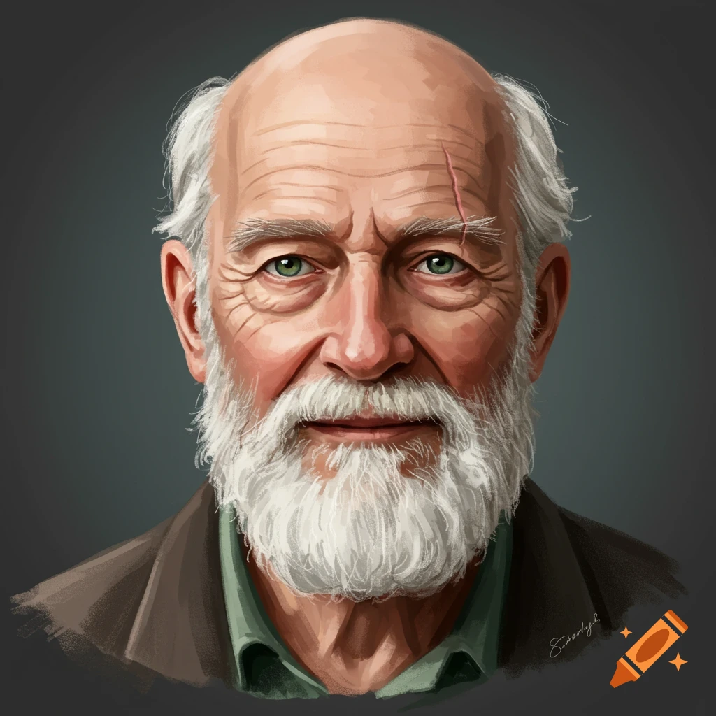 Headshot of an old man with a white beard, green eyes, and a scar above his left eye.