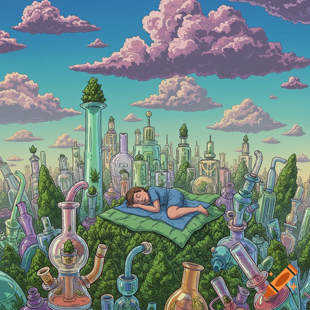 A person sleeping on a blanket amidst large bongs and plants forming a surreal city, with fluffy pink clouds.