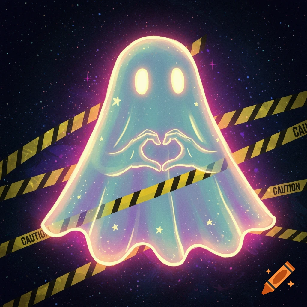 A sparkly ghost makes a heart shape with hands, surrounded by caution tape against a starry sky.