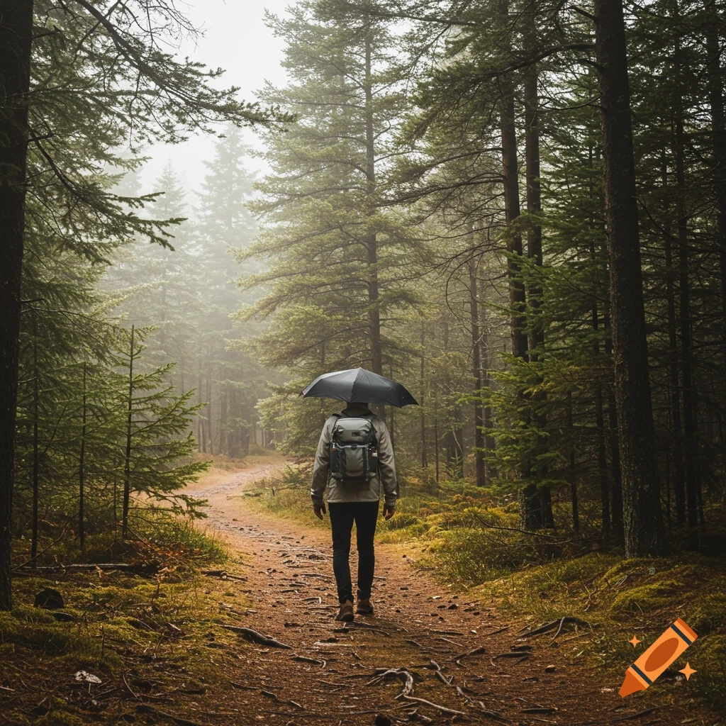 A person walks on a path through a misty forest, holding a black umbrella.
