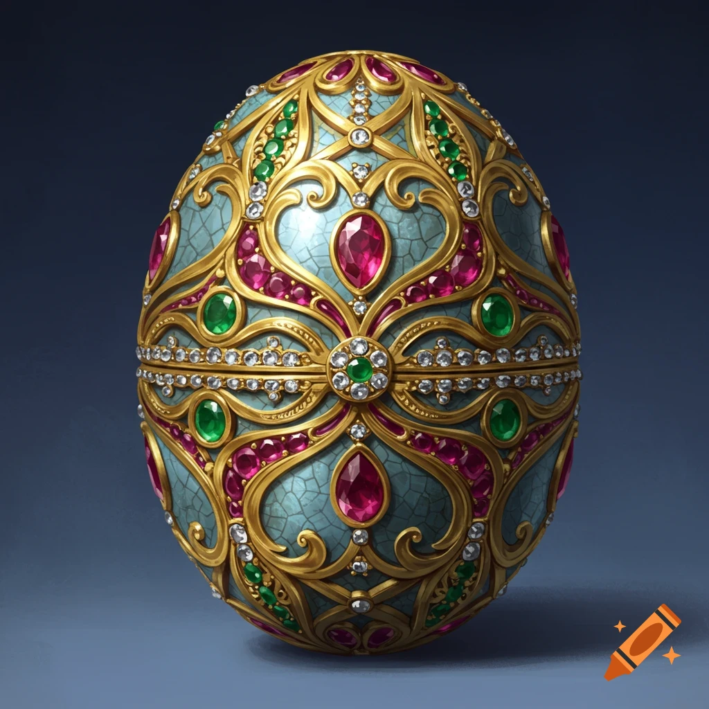 An ornate Fabergé-style egg decorated with gold filigree, red and green gems, and diamonds.