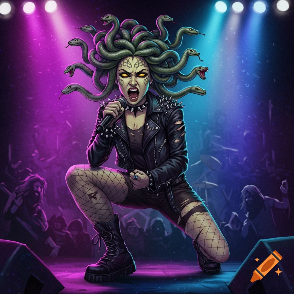 A Medusa-like woman is singing on stage with a heavy metal band.