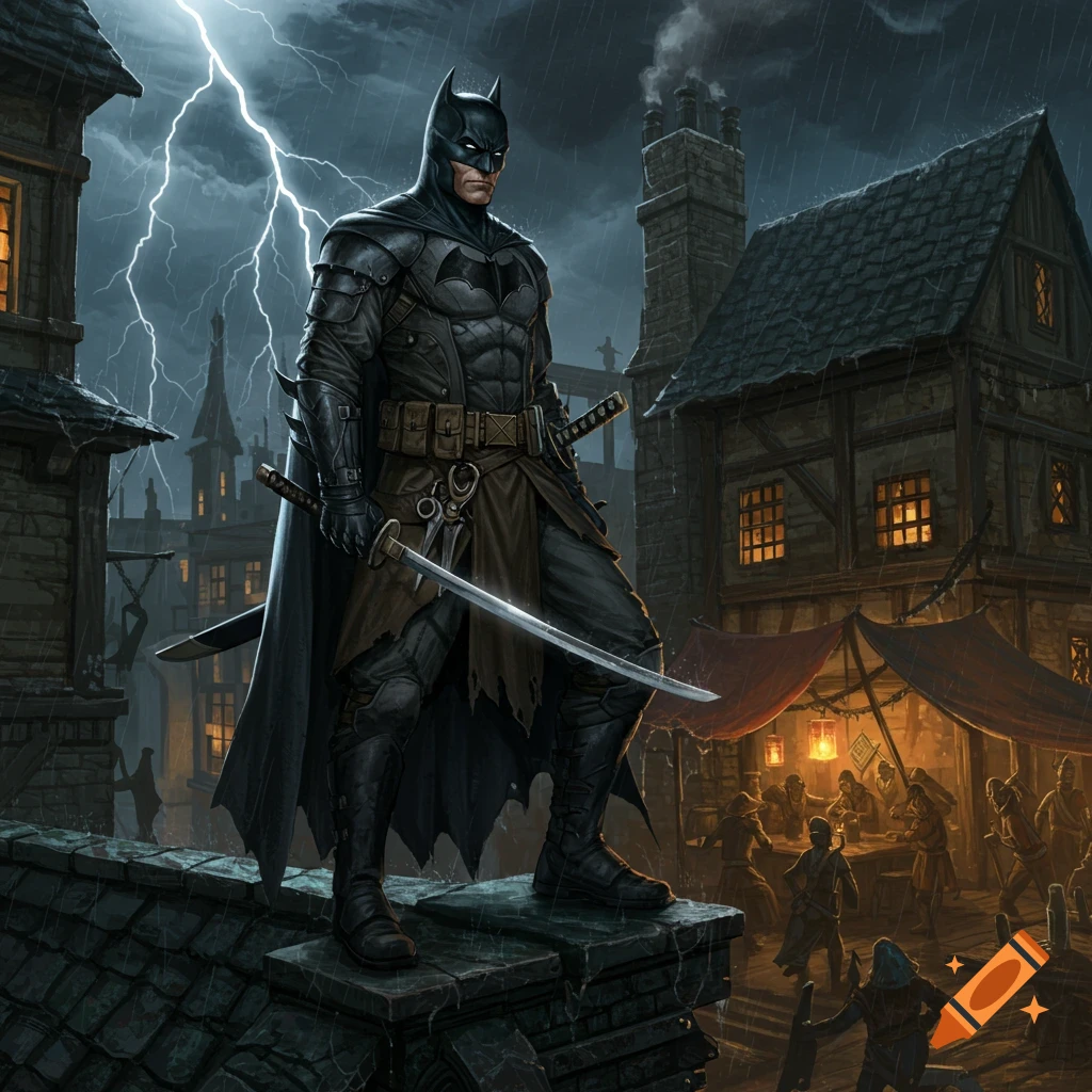 Batman in fantasy armor with swords overlooking a stormy medieval tavern