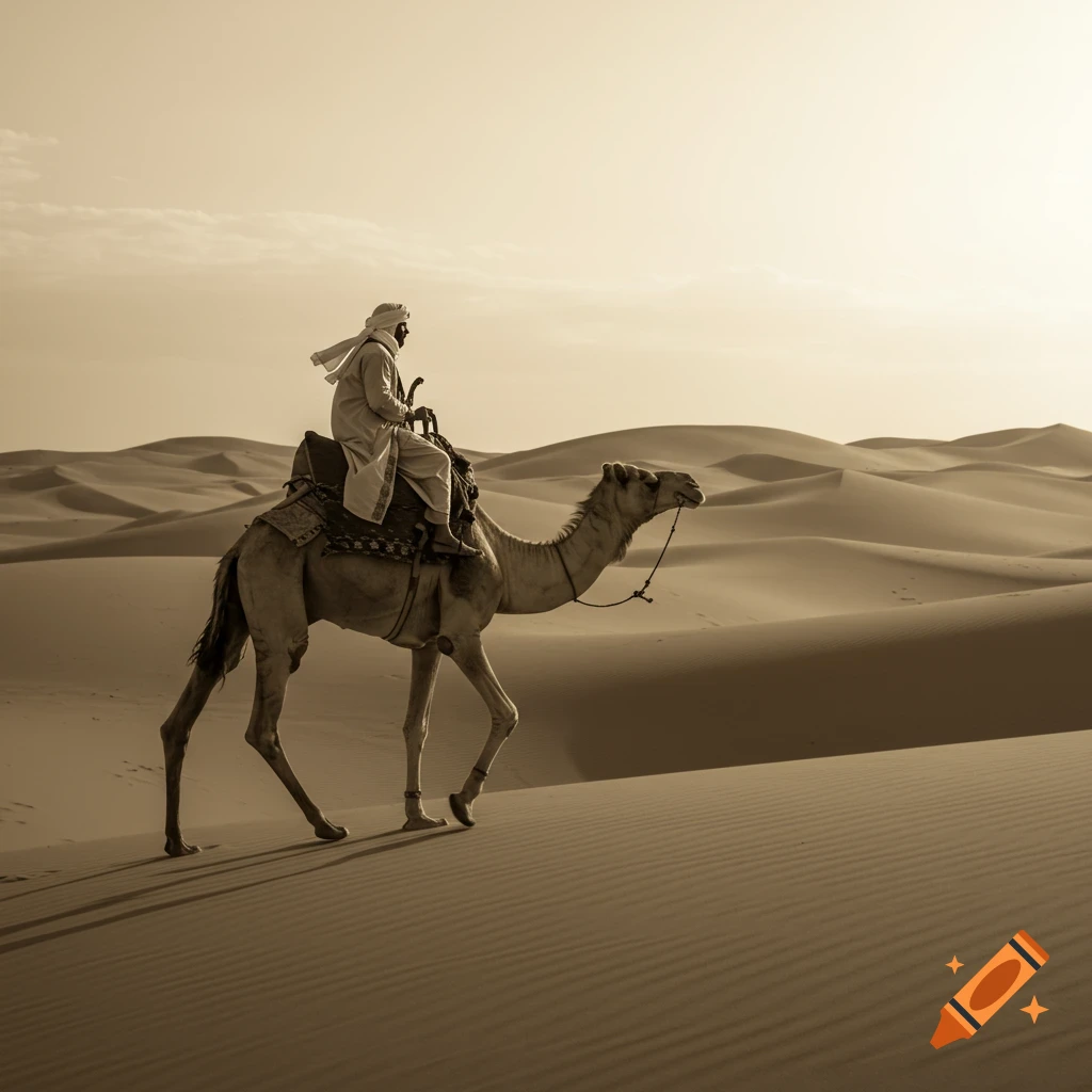 A person rides a camel through a desert landscape, sepia tone.