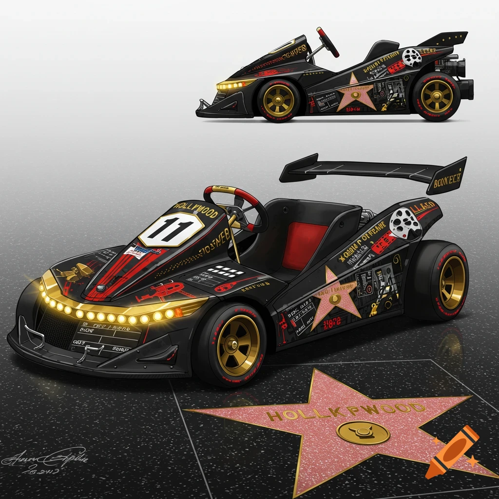 Digital illustration of a black and gold Hollywood-themed go-kart and a Walk of Fame star below it.