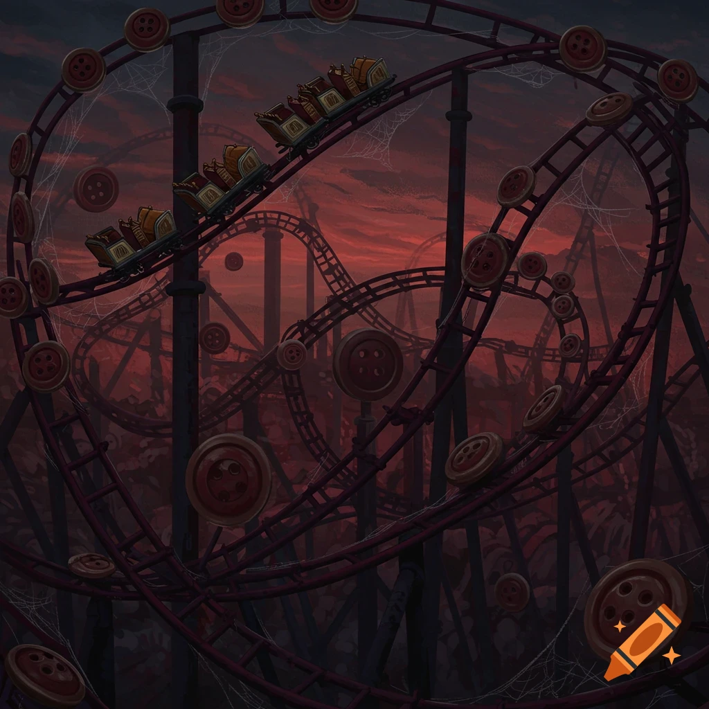 Rollercoasters decorated with buttons and cobwebs under a dark red sky.