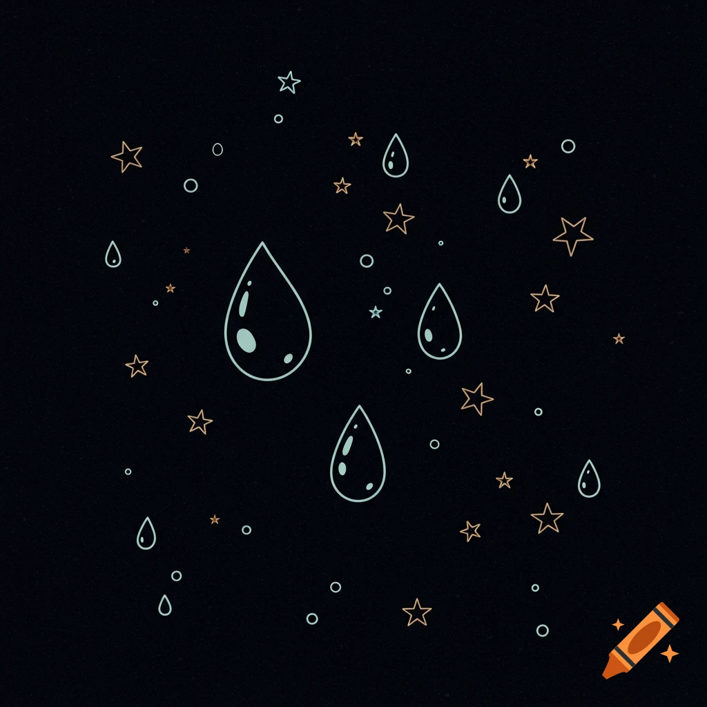 Simple illustration of teardrop shapes, stars, and circles on a dark background.