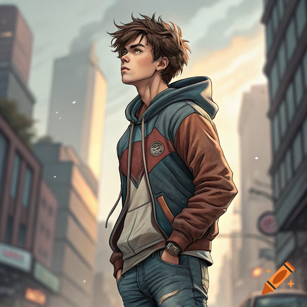 An anime-style illustration of a young man with messy brown hair standing in a city street, looking up.