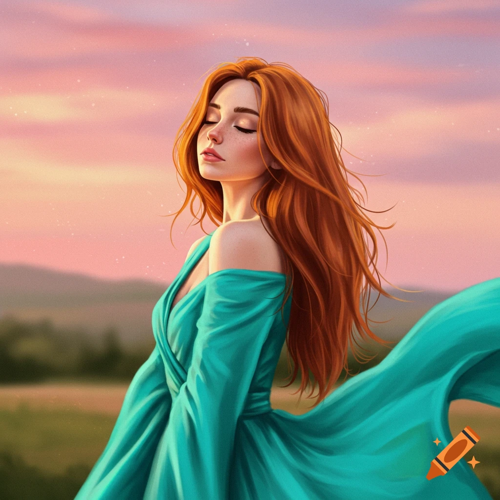 A red-haired woman in a teal dress with eyes closed, bathed in soft sunset light.