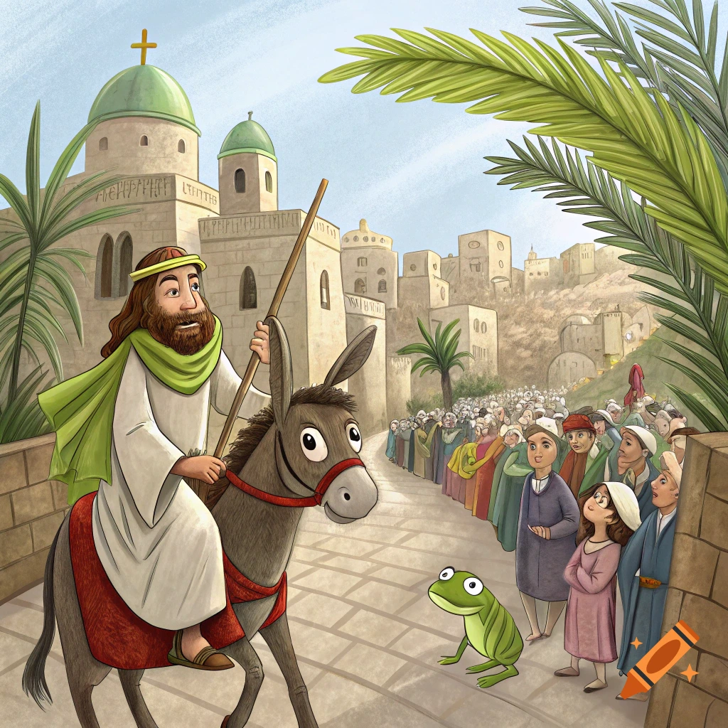 Cartoon illustration of Jesus riding a donkey into Jerusalem, greeted by a crowd and a frog.