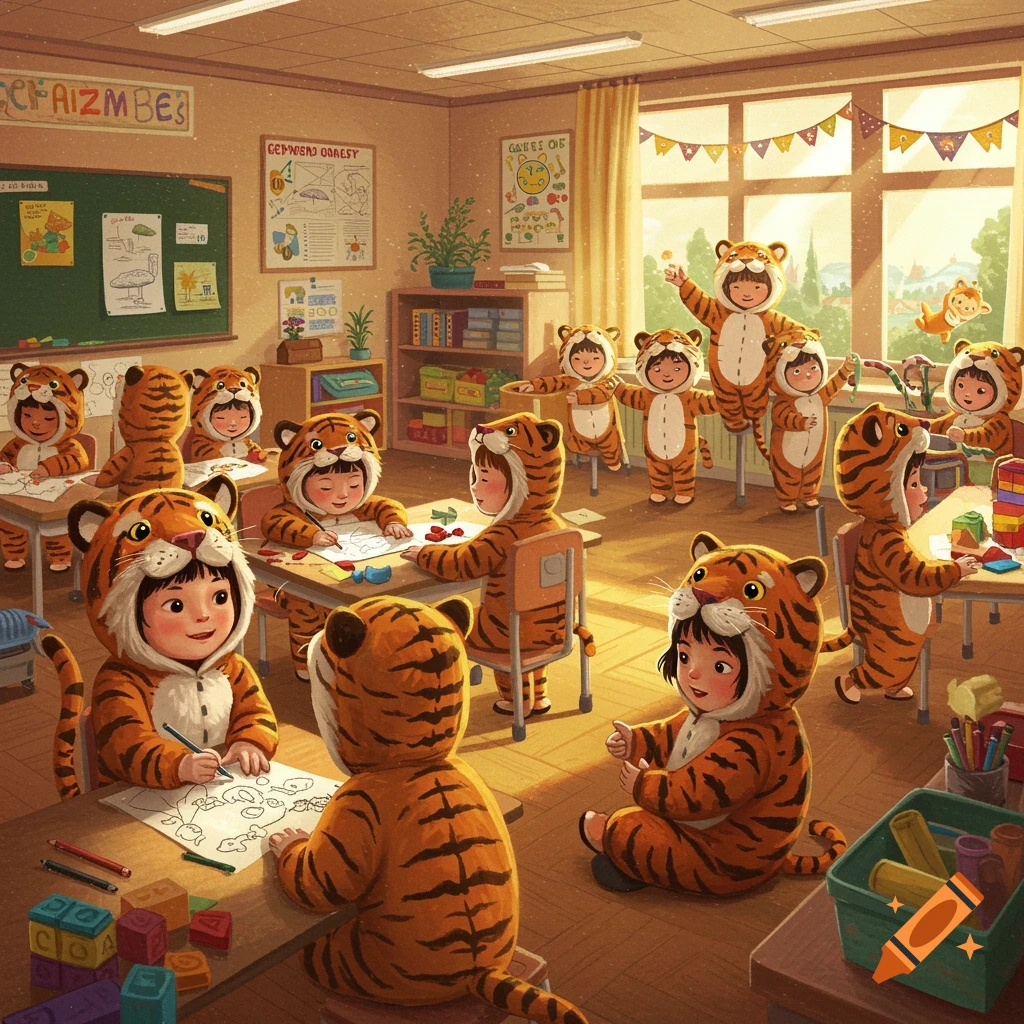 Children in tiger costumes drawing and playing in a sunny, whimsical classroom.