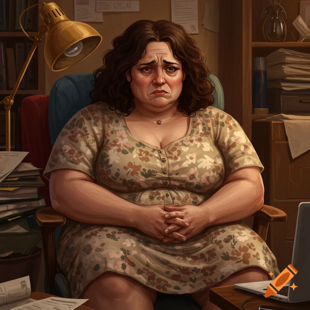 A stressed woman sits at a cluttered office desk, surrounded by papers.