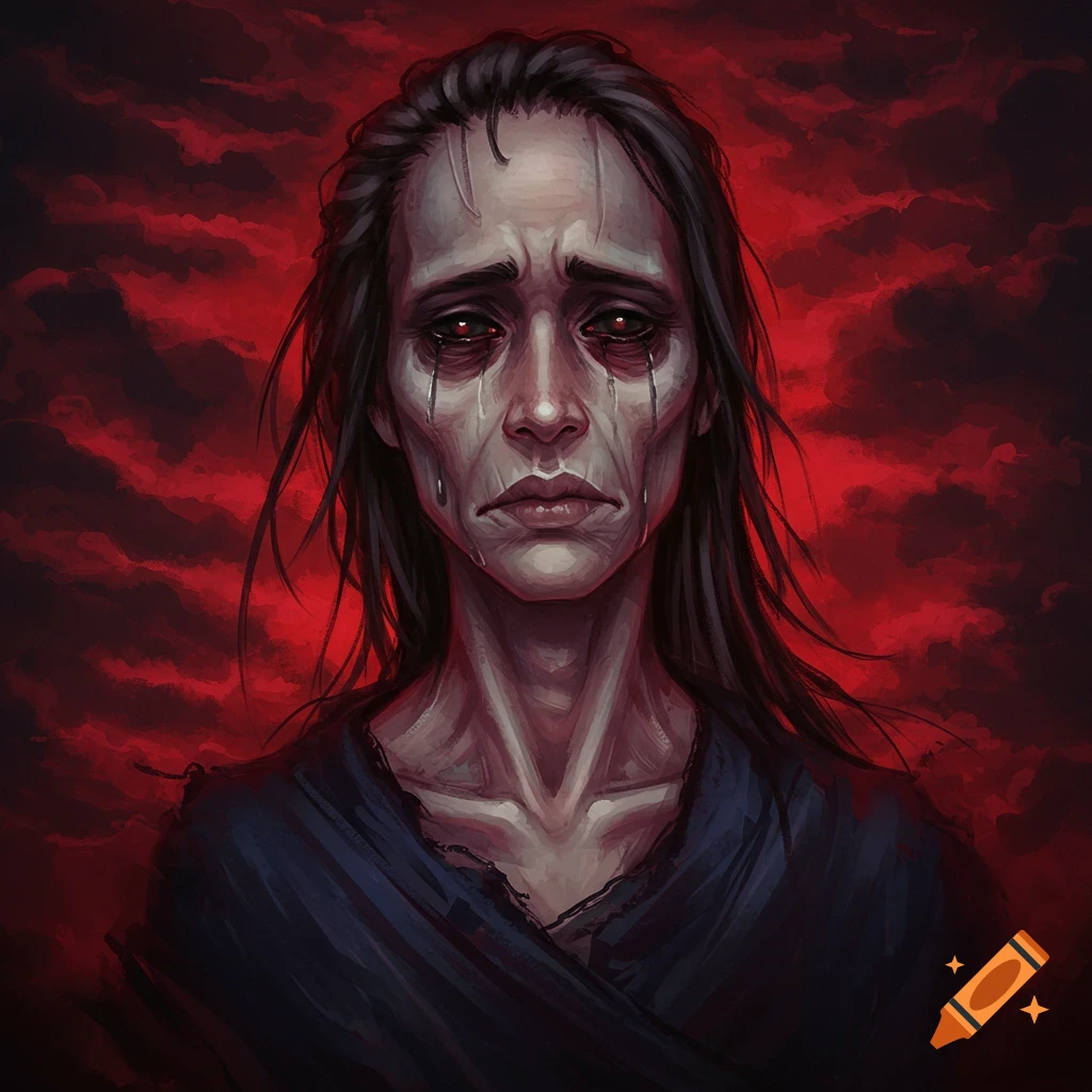 A gaunt woman crying against a red cloudy background.