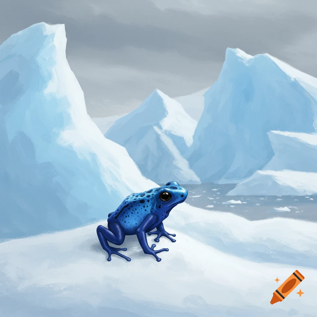 Blue frog sitting on snow with icebergs.