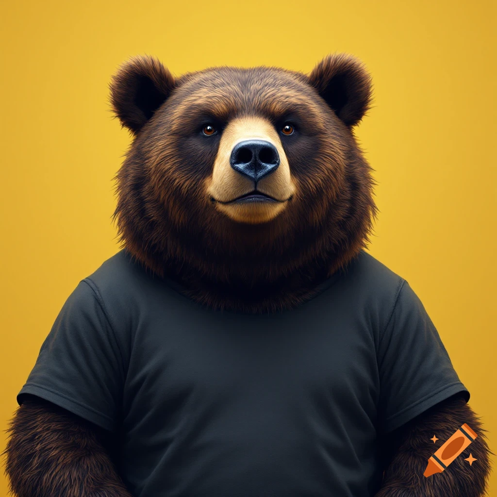 Photorealistic portrait of a brown bear wearing a black t-shirt against a yellow background.