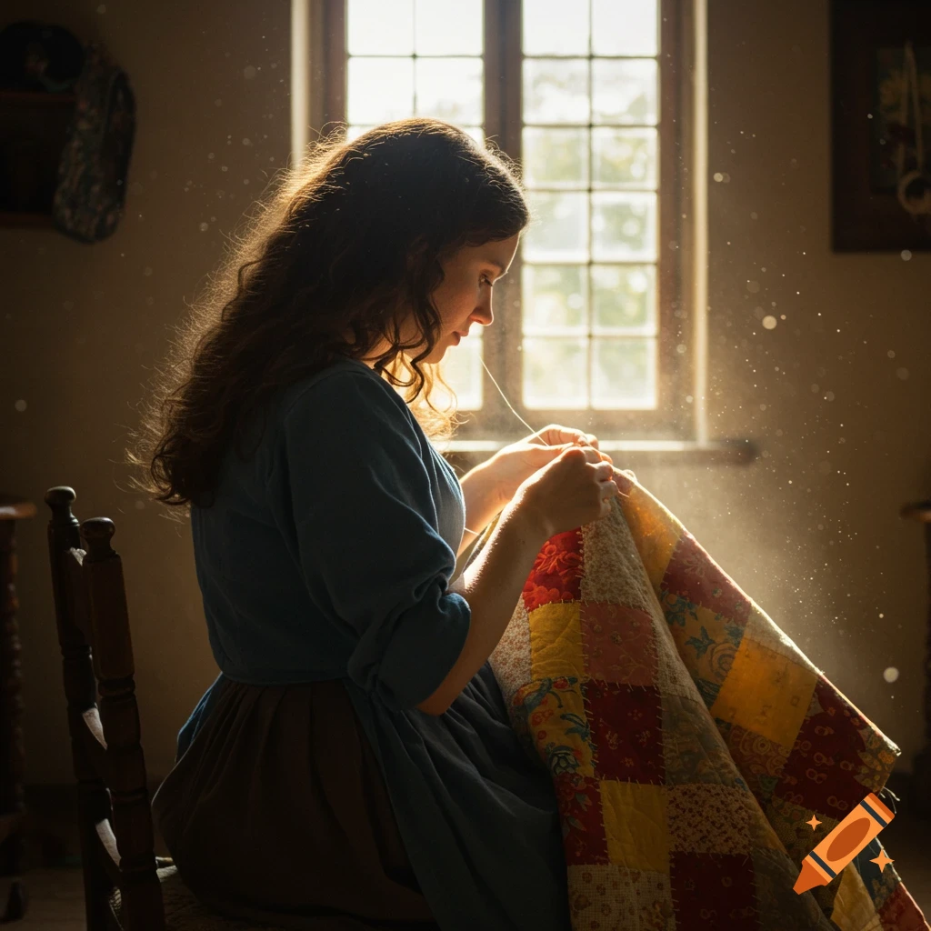 Woman sewing a quilt in historical style with sunlight streaming from a window.