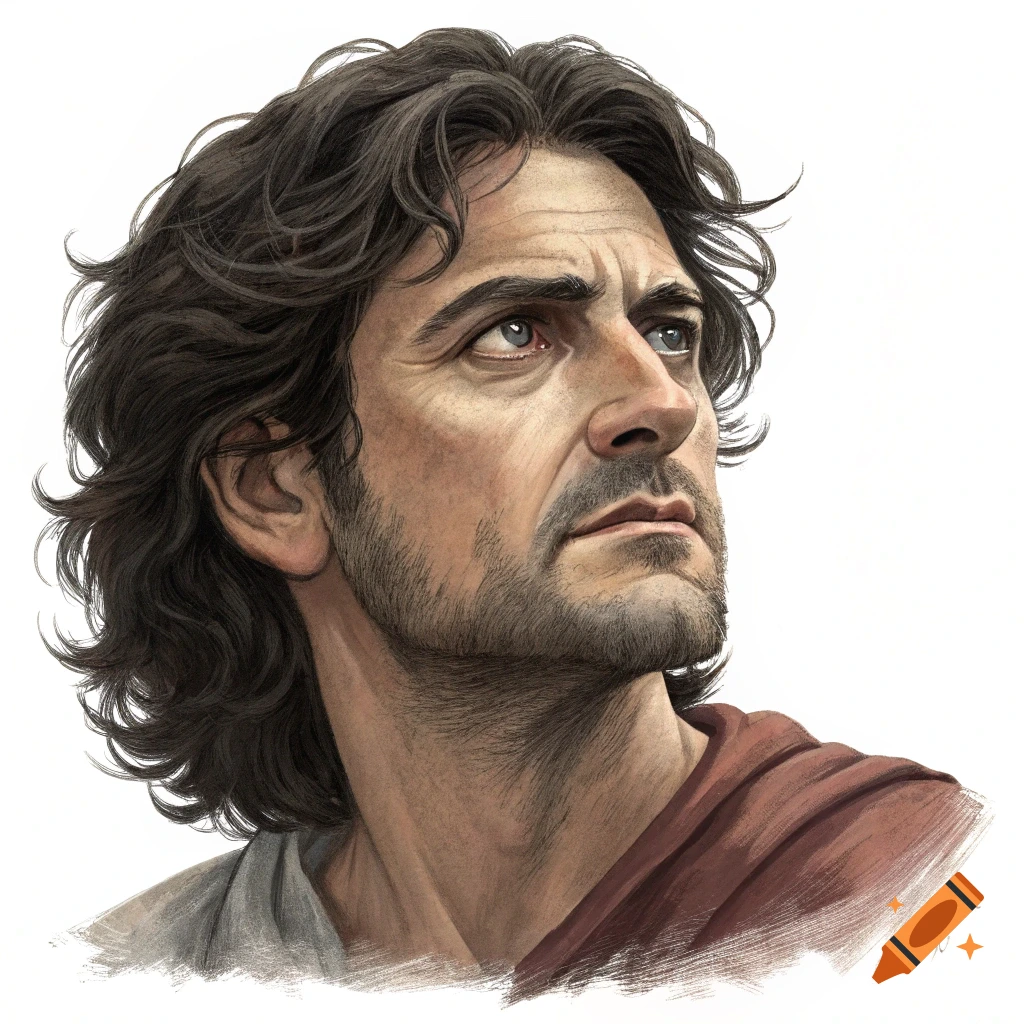Realistic illustration of a man with dark curly hair looking up.