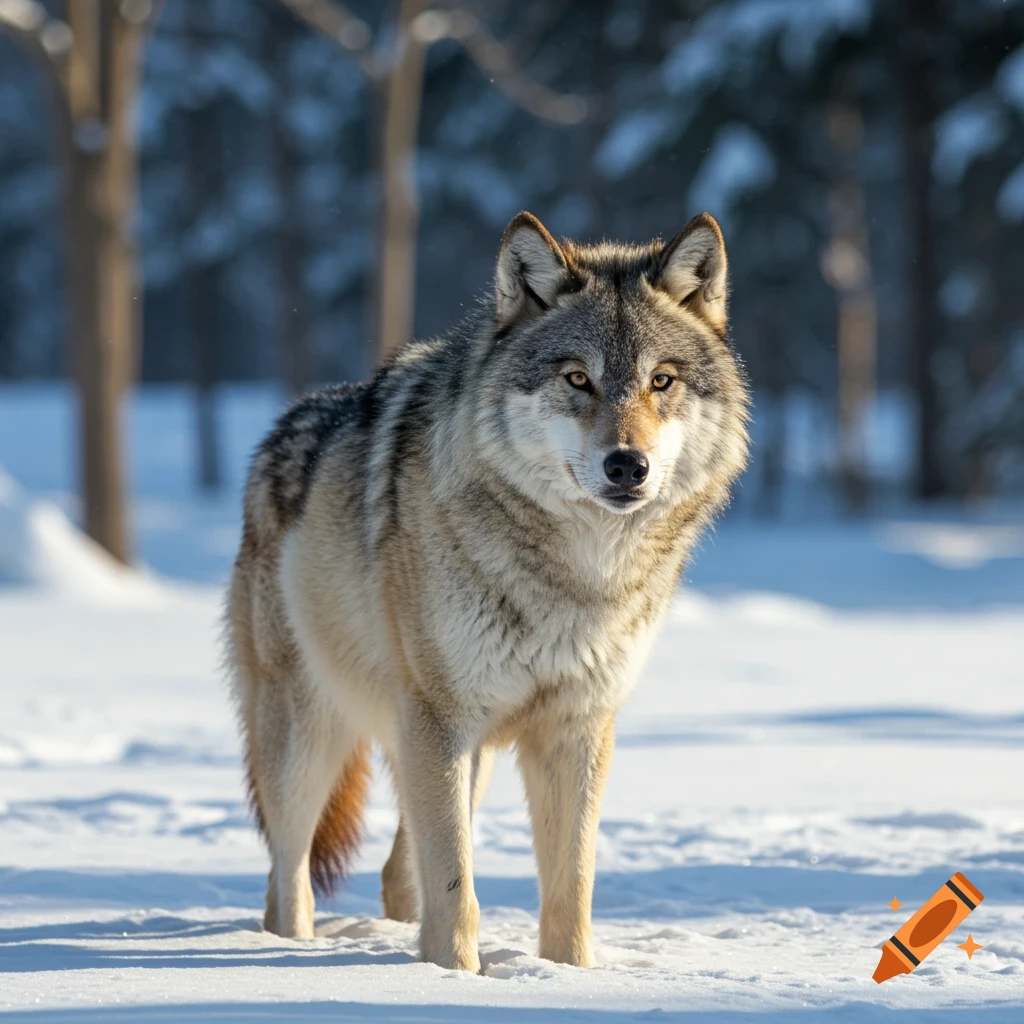 A photorealistic image of a wolf standing in deep snow in a forest.