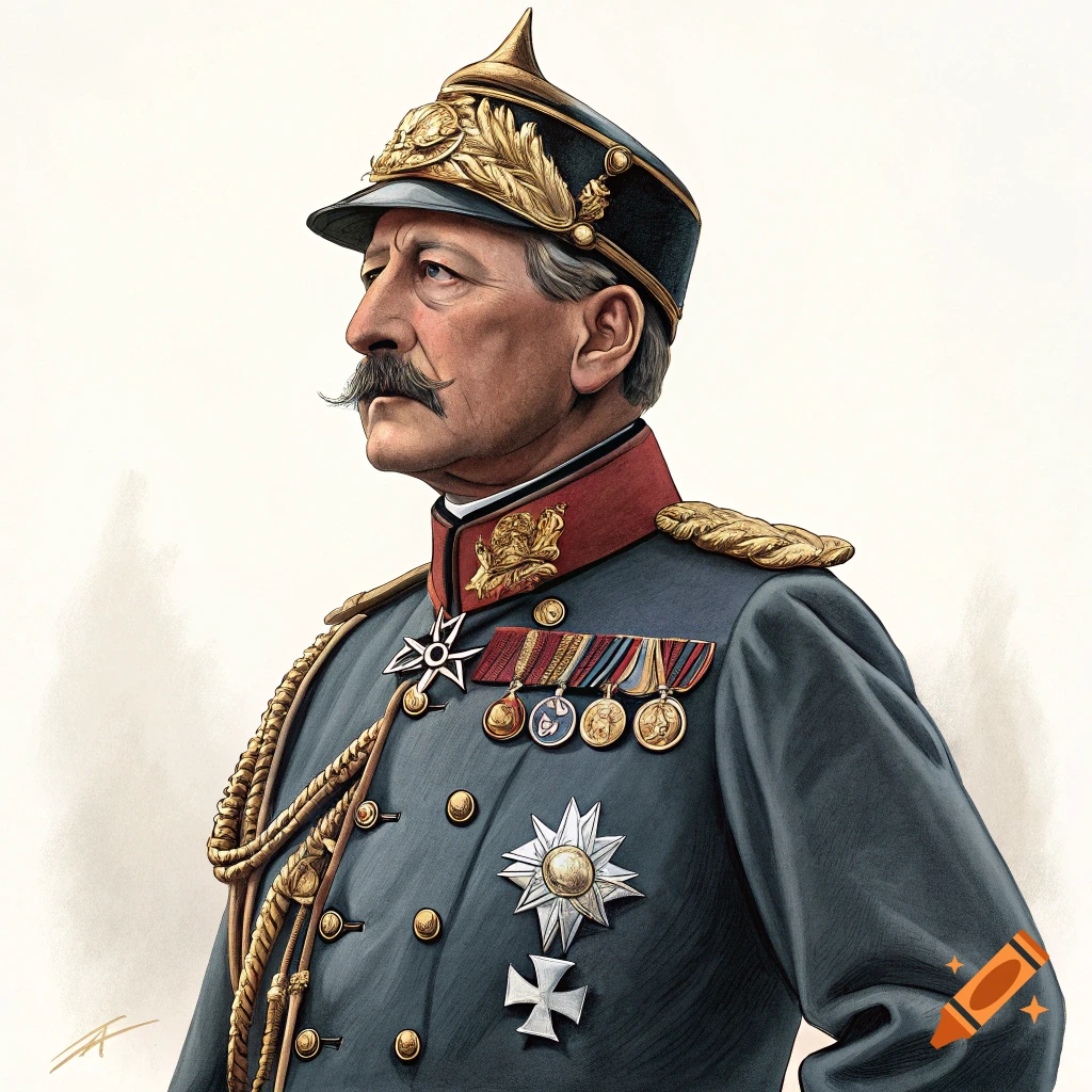 Illustration of Kaiser Wilhelm II in a German military uniform with a spiked helmet and medals