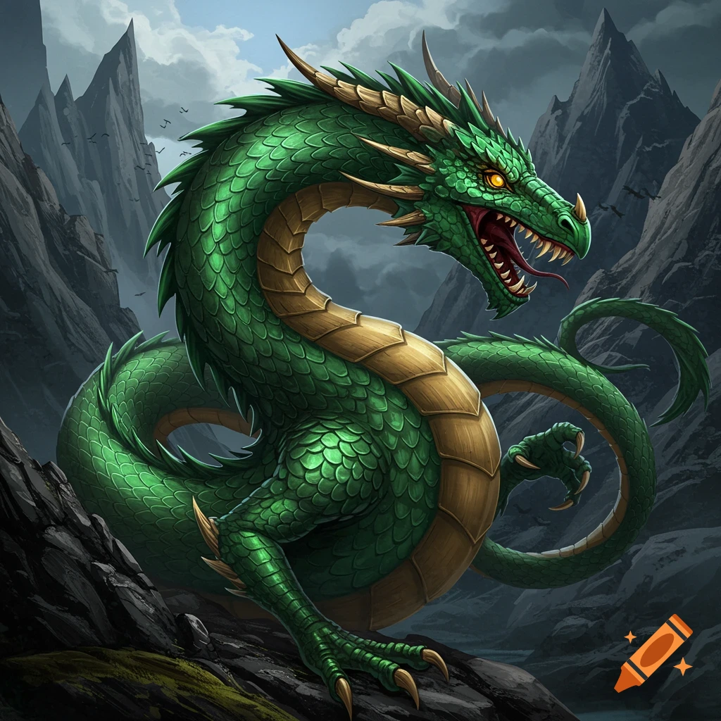 A green scaled dragon with gold armor plates sits among rocky mountains.