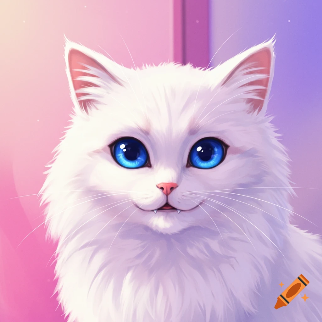 Close-up of a white anime cat with bright blue eyes against a pink and purple background.