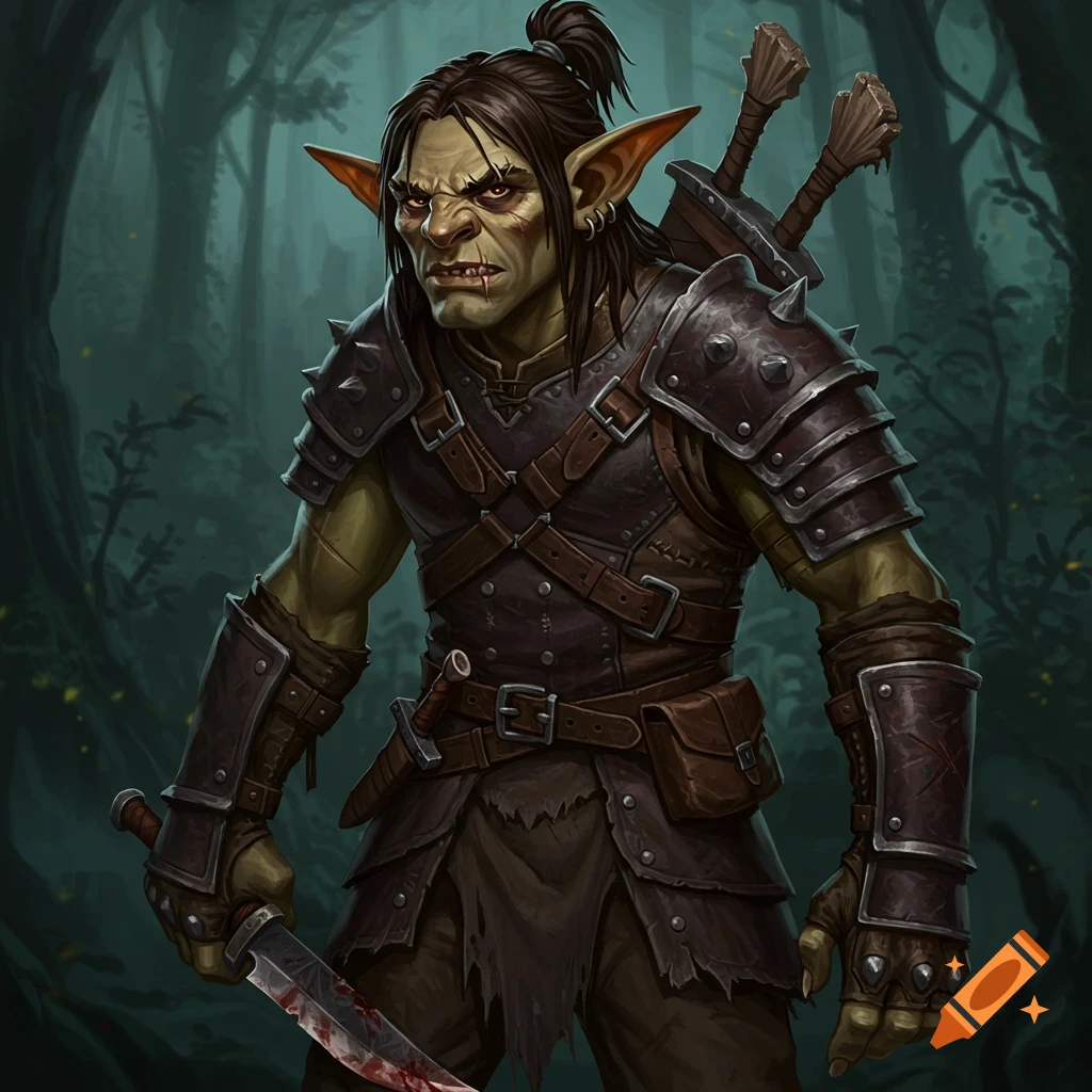 A male goblin hunter in armor holding a bloody knife in a forest.