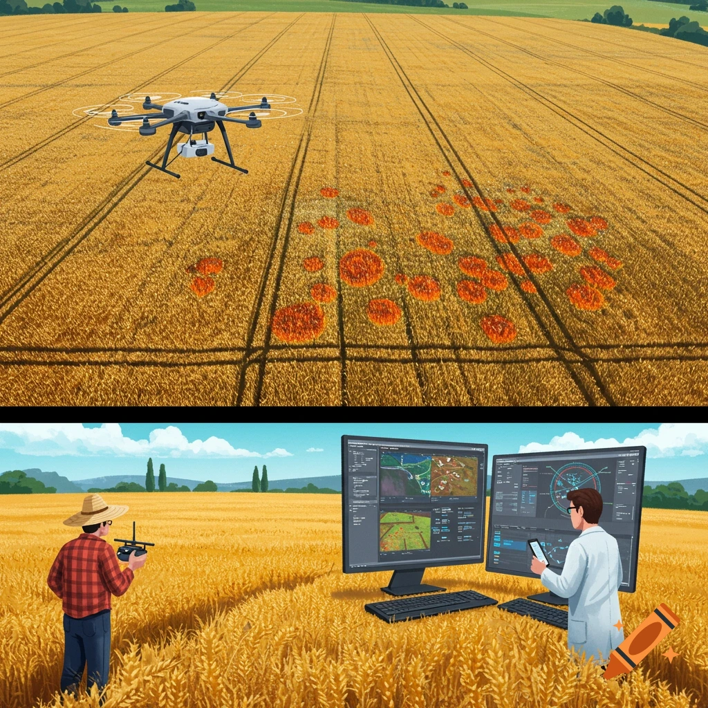 A drone surveys a field with orange spots from above, while two people examine data on large screens in the field.