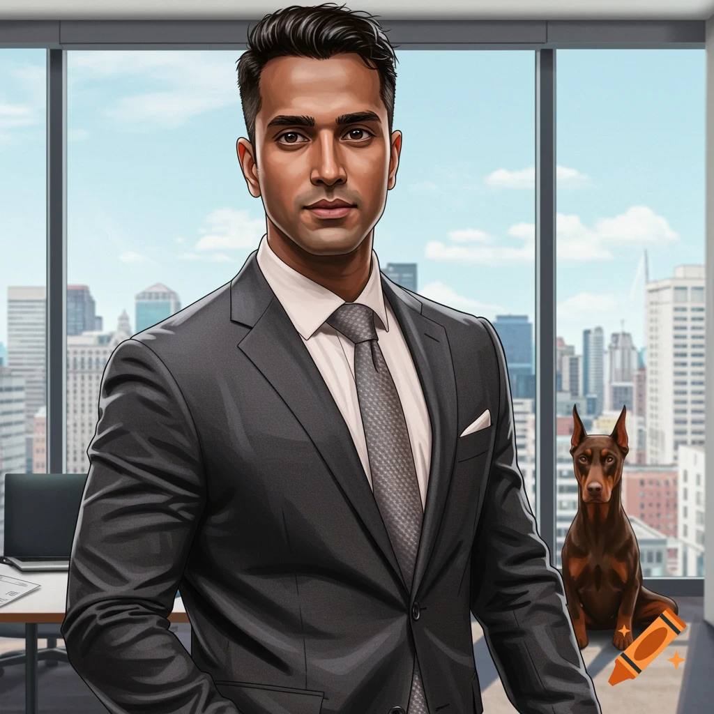 A man in a suit stands in an office with a city view and a dog.