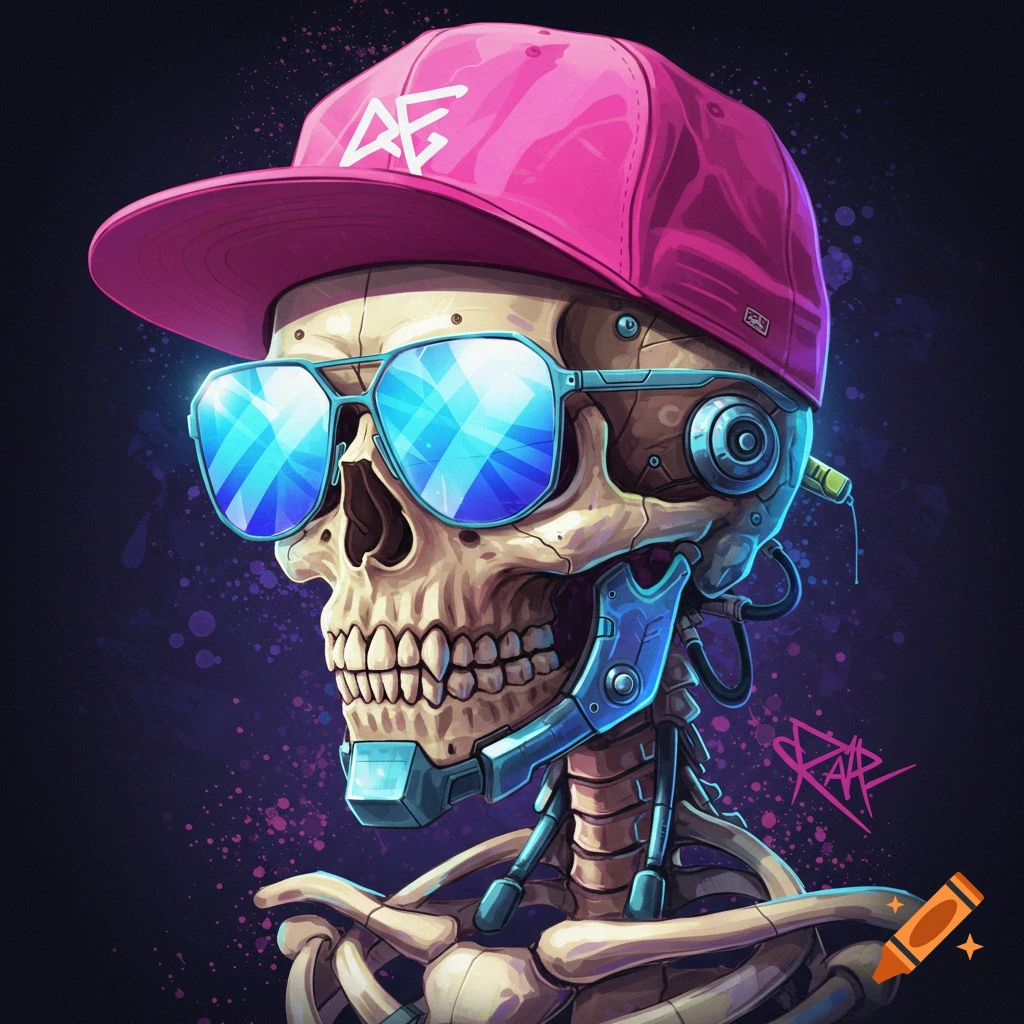 A cyborg skeleton wearing a pink baseball cap and blue sunglasses.