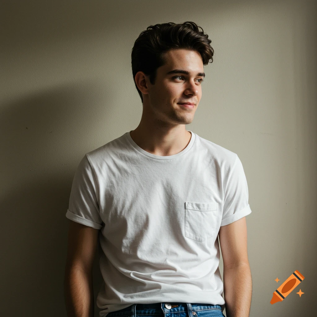 Photorealistic portrait of a young white man in a white t-shirt leaning against a wall
