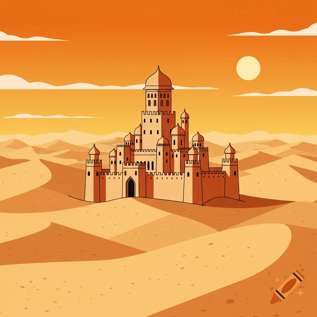 A vector graphic of a castle in a desert landscape with sand dunes under an orange sky.