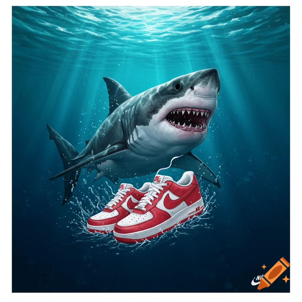 A great white shark is depicted underwater with red and white Nike sneakers.