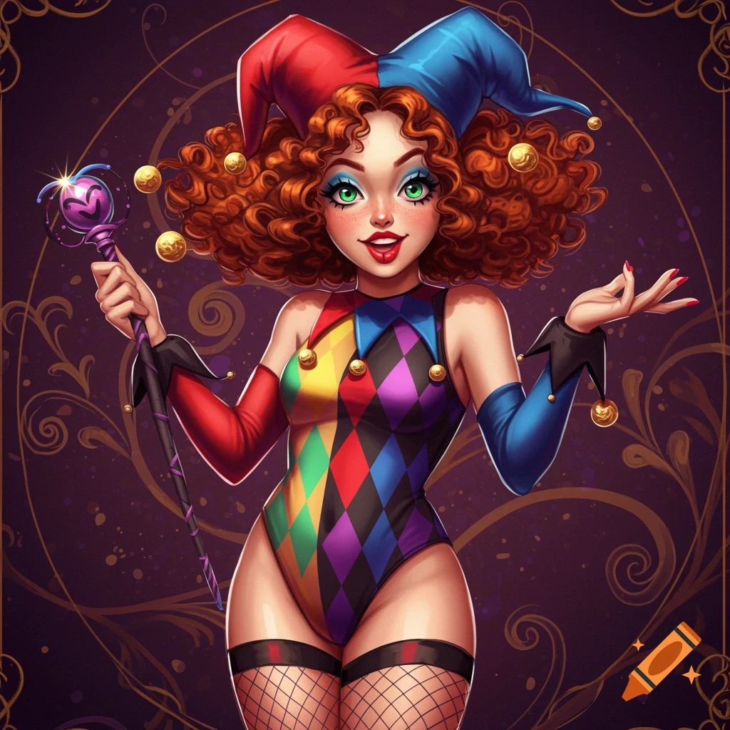 A vibrant image of a jester girl in a colorful bodysuit and fishnet stockings, holding a scepter.