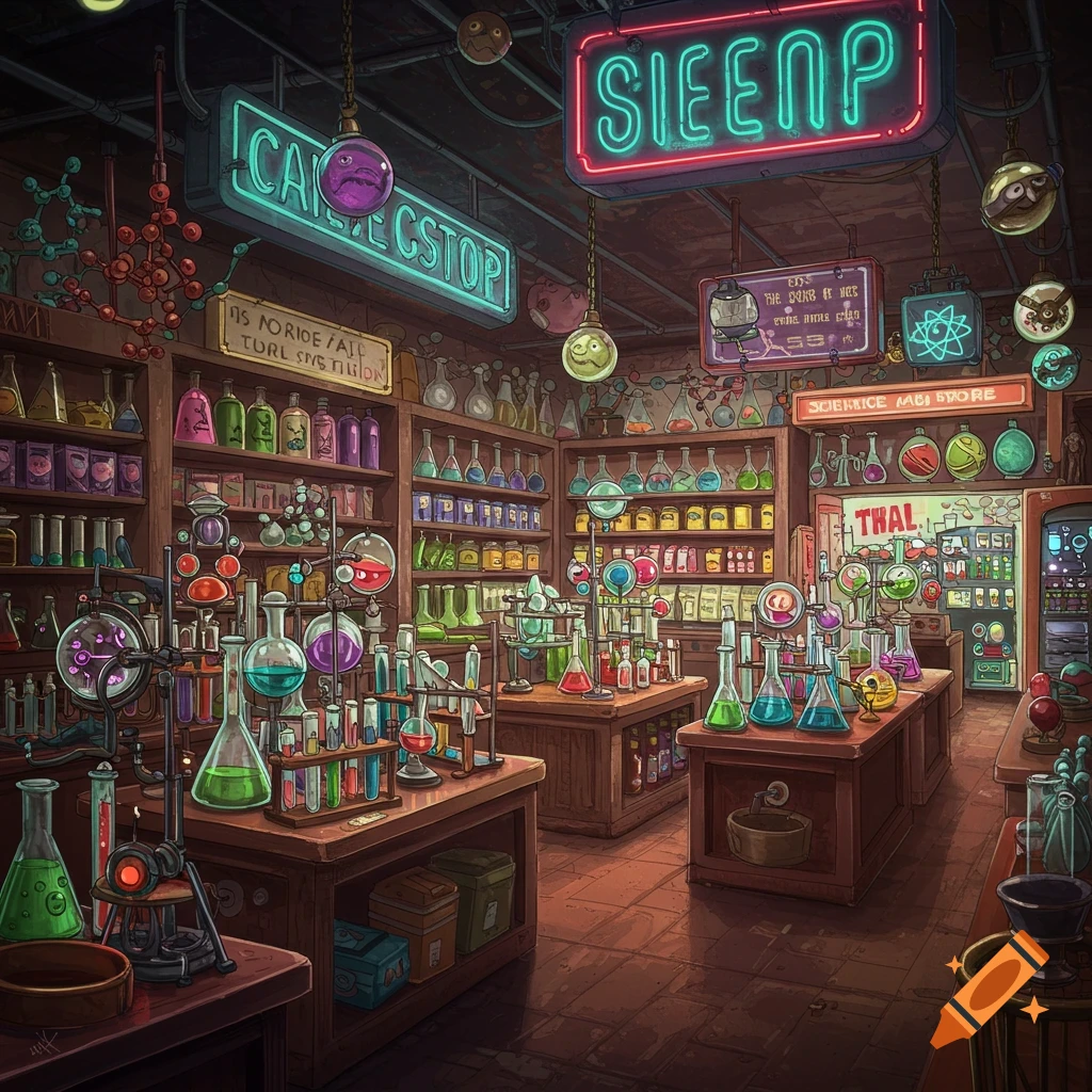 Stylized image of a vibrant science lab store filled with shelves of colorful beakers, flasks, and equipment.