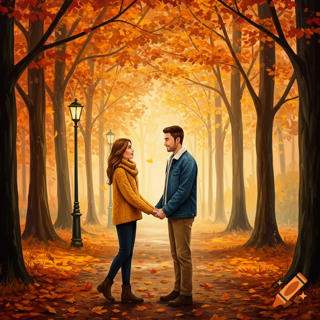 Couple holding hands on autumn path in forest with orange leaves.