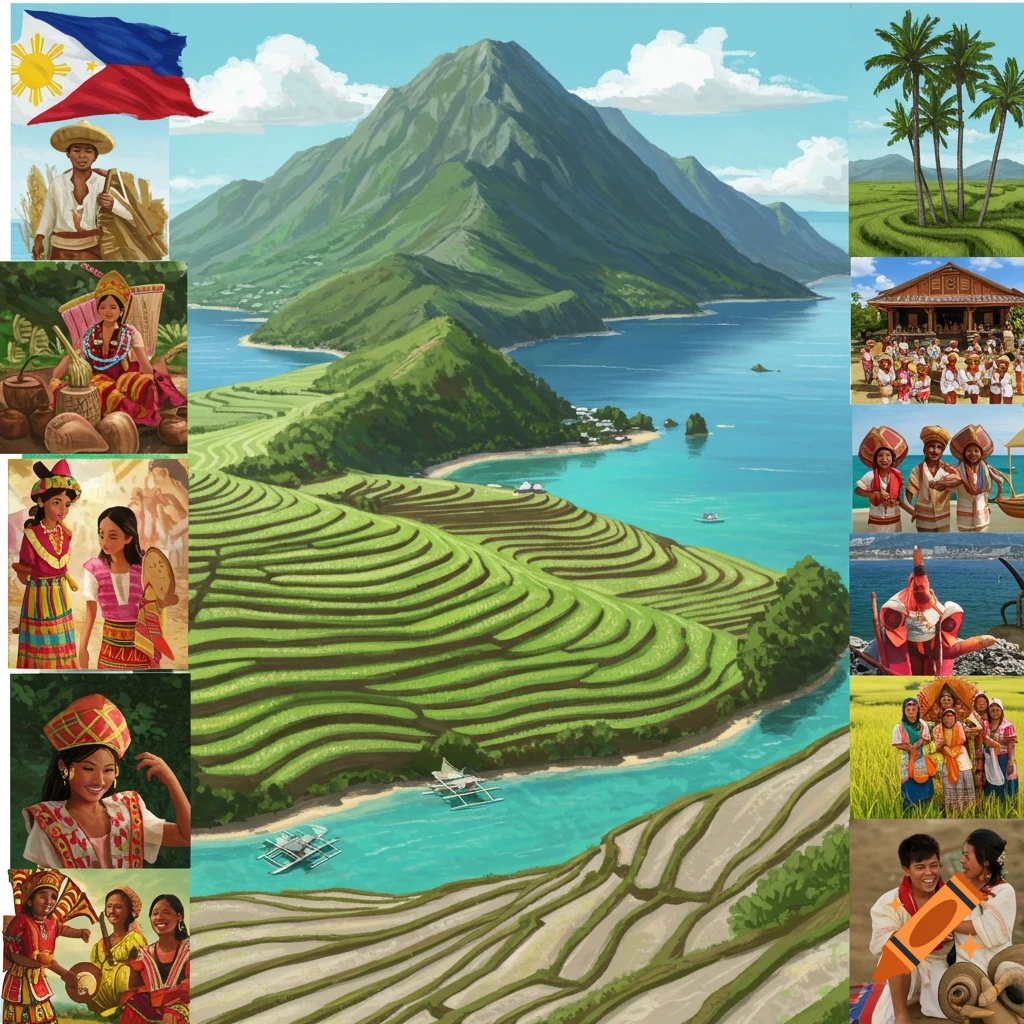 Collage showing Philippine landscapes, rice terraces, mountains, sea, people in traditional clothing, and the flag.