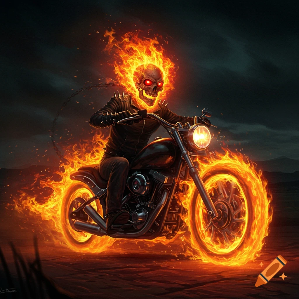 A flaming skeleton on a motorcycle at night.