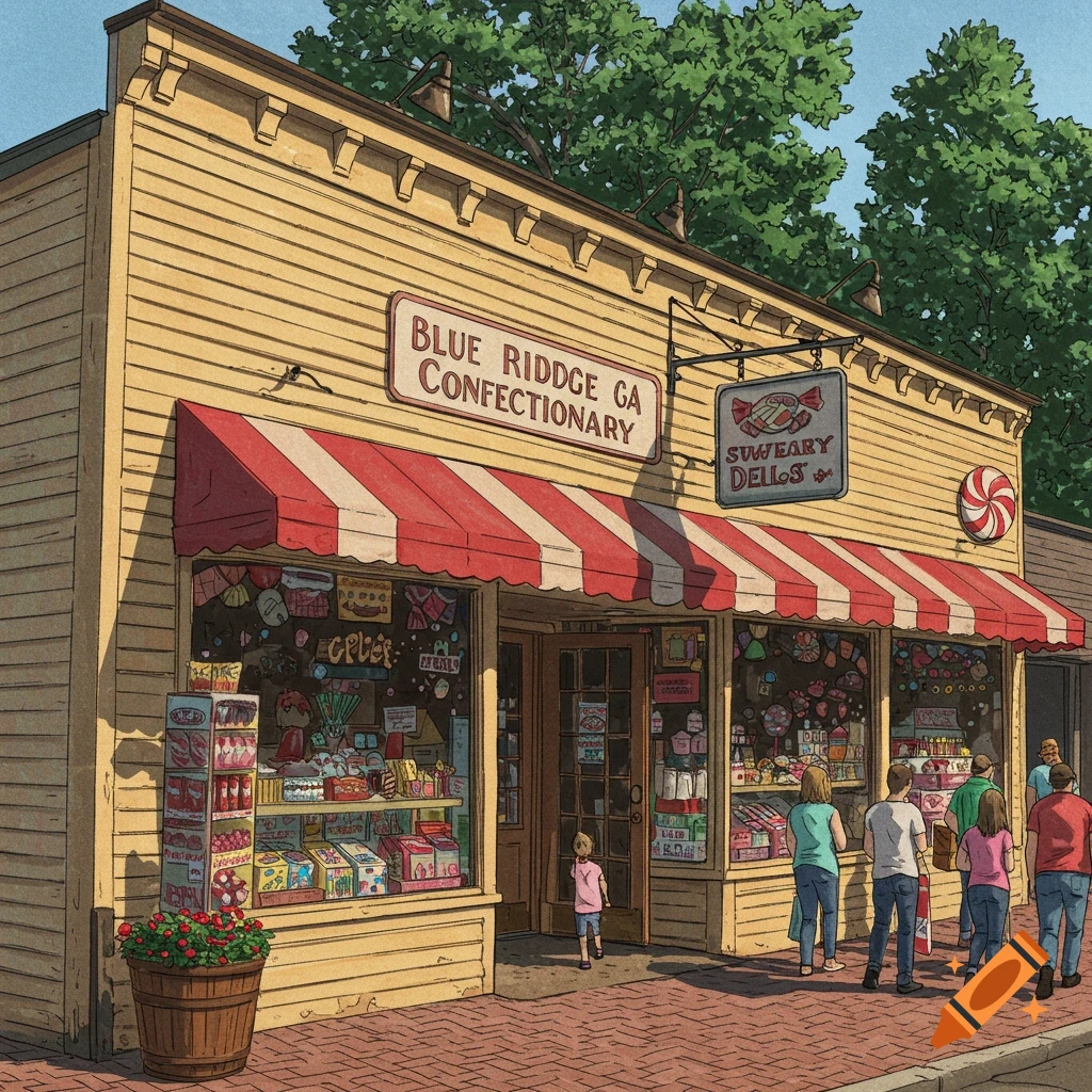 Image of a confectionery store with red/white awning, people outside, signs 'BLUE RIDDGE GA CONFECTIONARY' and 'SUWEARY DELLS'.