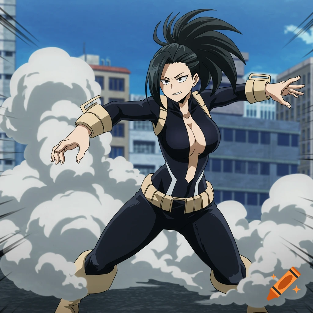 Momo Yaoyorozu from My Hero Academia in her hero costume, surrounded by smoke in a city.