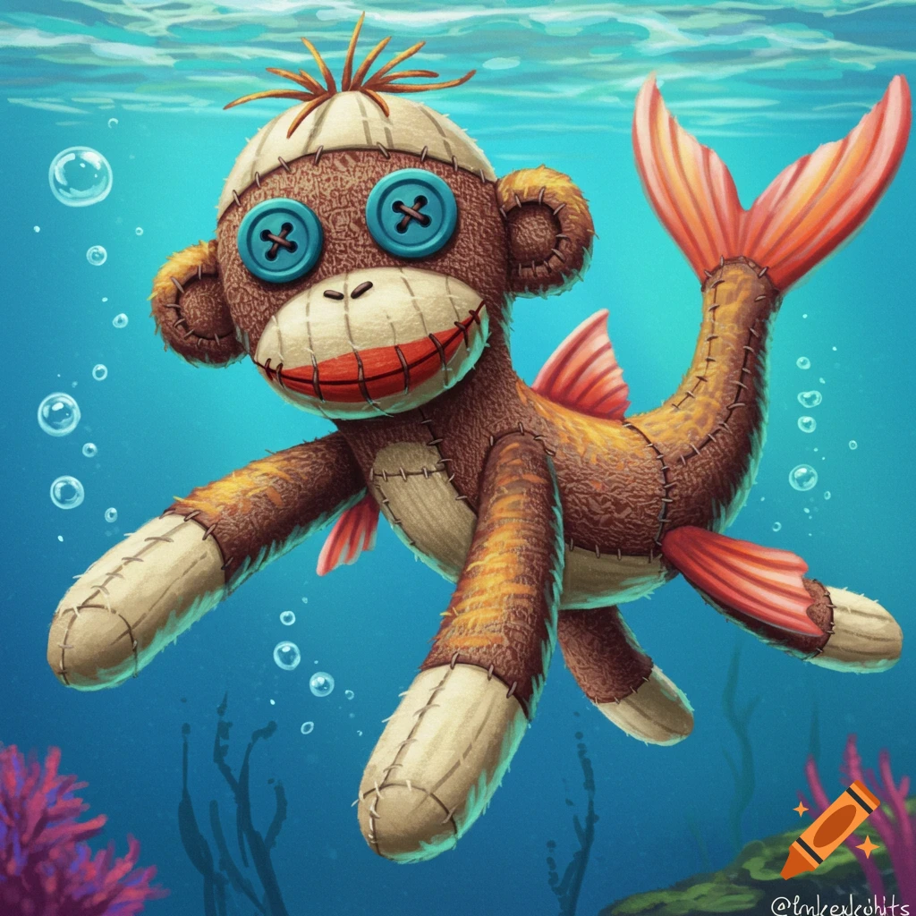 A sock monkey with a fish tail and fins swimming underwater.