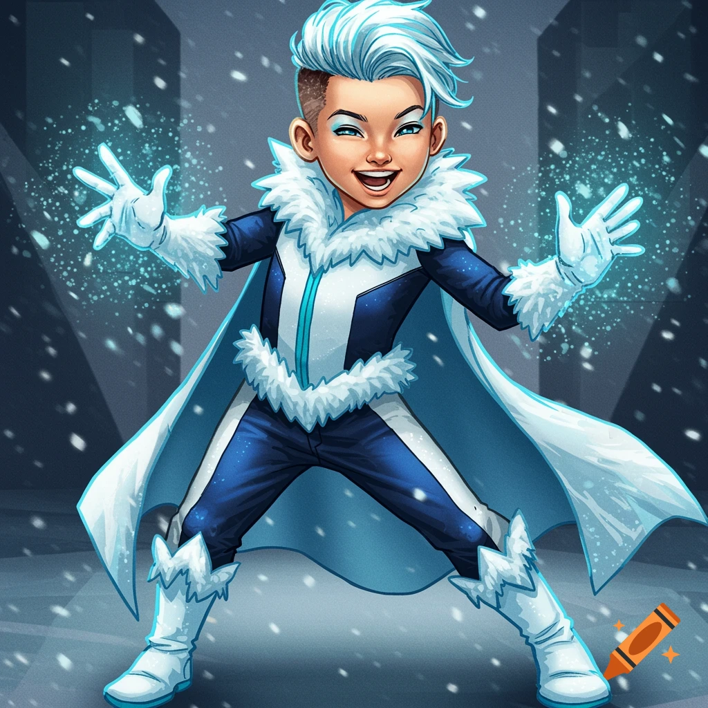 A young boy in an icy blue and white costume summons ice in a comic book style illustration.