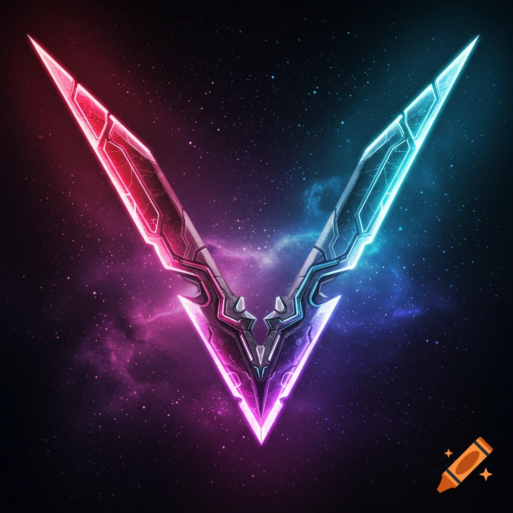 A futuristic V-shaped weapon glowing red and blue in space.