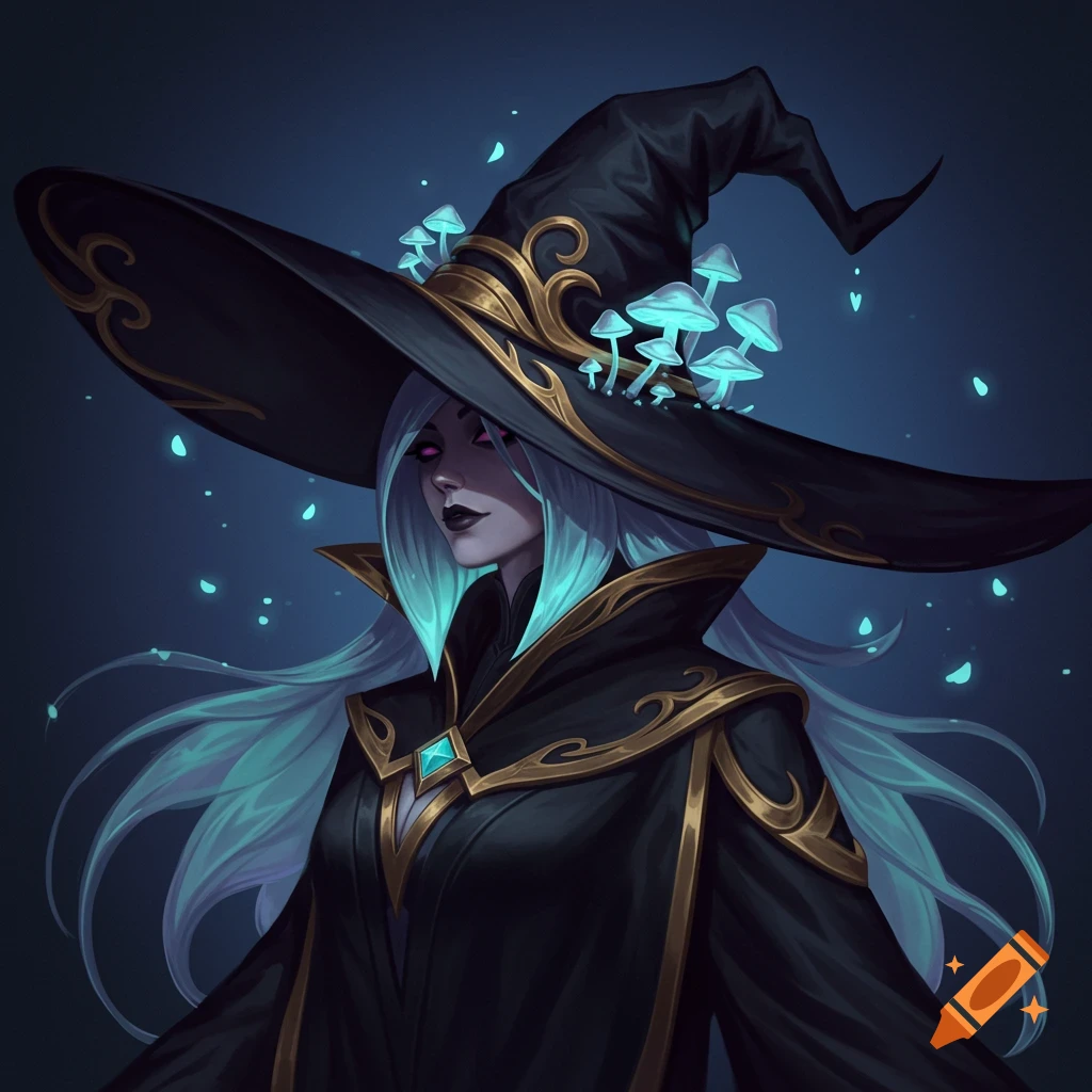 A woman in a black witch hat adorned with glowing mushrooms, with bright blue hair and red eyes.
