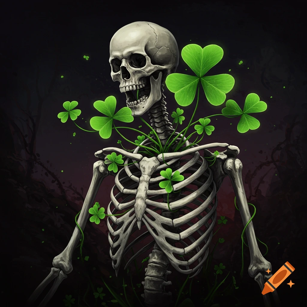A skeleton with green four-leaf clovers growing from its body.