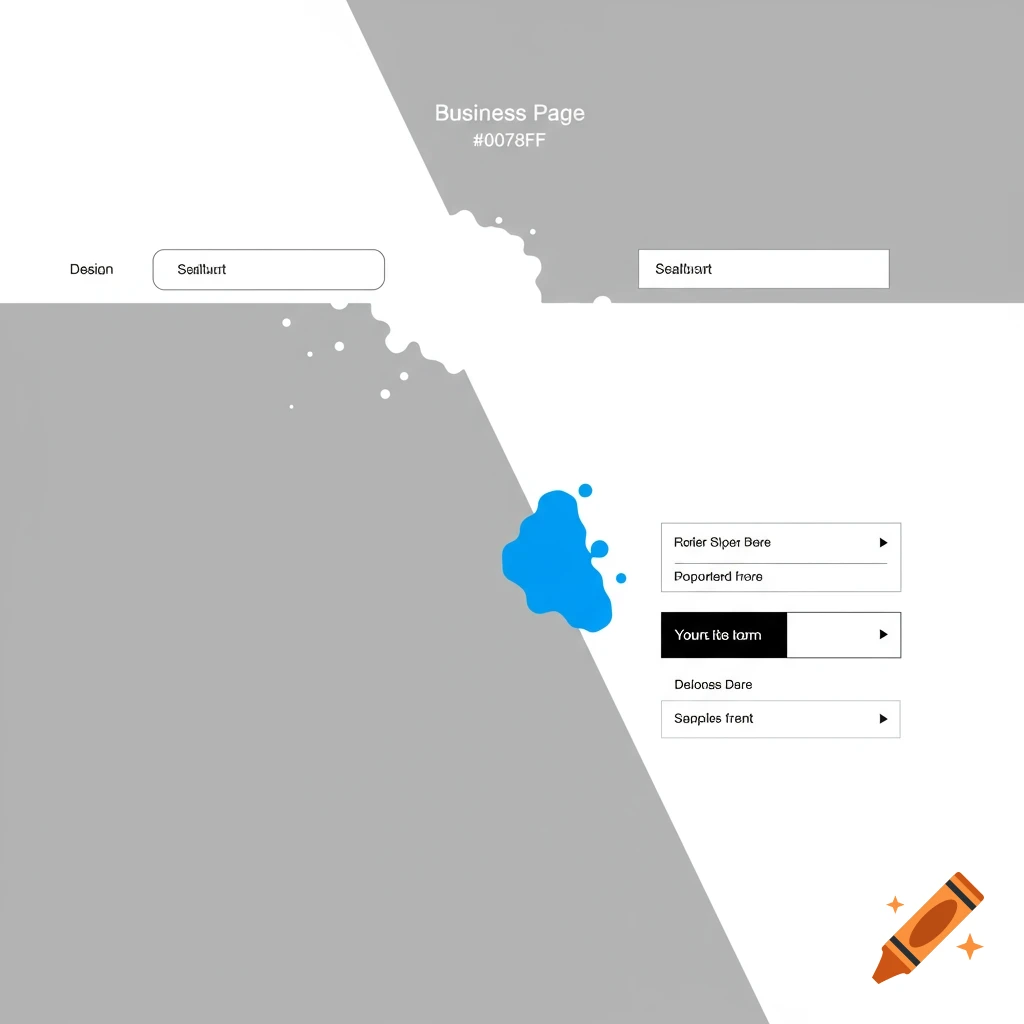 Minimalist UI design mockup with grey, white, and blue elements, input fields, and menus.