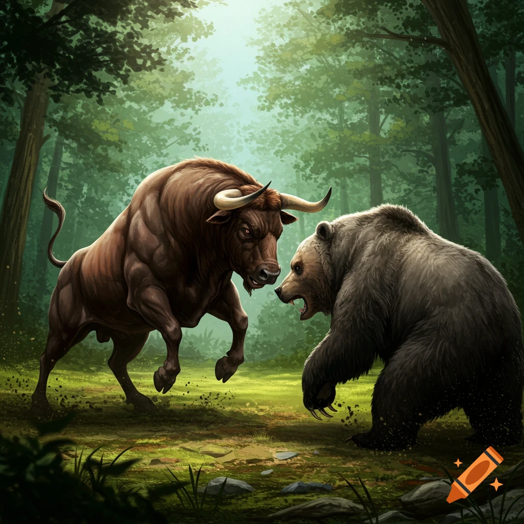 A bull and a bear facing off in a forest.